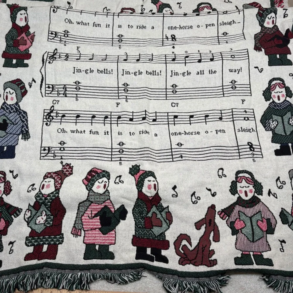 Vtg Jingle Bells Christmas Carolers Tapestry Throw Musical Notes Blanket